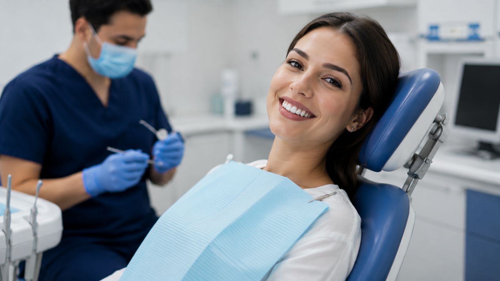Paciente sorrindo durante atendimento odontológico